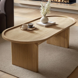 SOLACE+CO Varm Oak Ribbed Wooden Oval Coffee Table - thumbnail 1