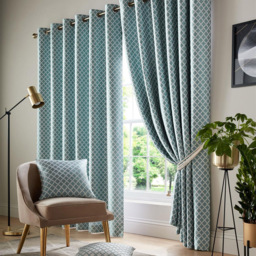 Alan Symonds Wold Ring Top Eyelet Curtains Teal and White 117cm x 228cm