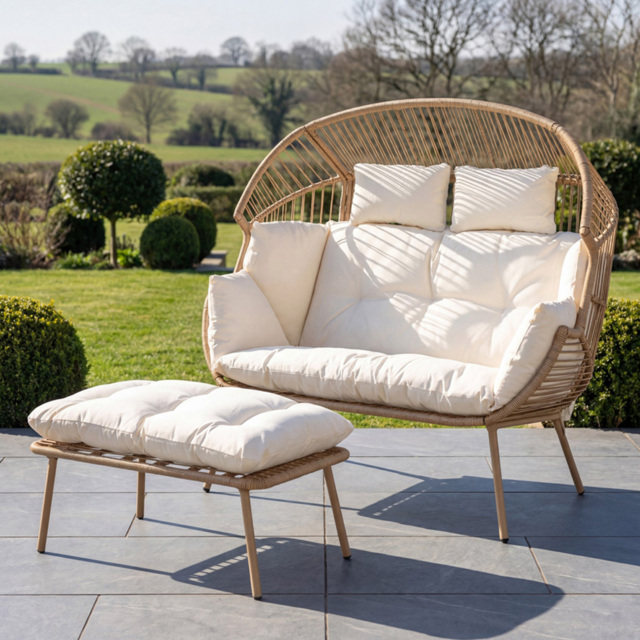 Artemis Home Cocona 2 Seater Cream PE Rattan Standing Egg Chair with Stool and Canopy - image 1