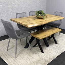 Kosy Koala Dakota 6 Seater Velvet Wooden Rectangle Dining Set with Bench Grey - thumbnail 1