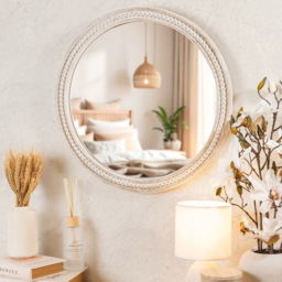 Light Washed Wood Round Beaded Mirror White - thumbnail 4
