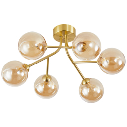 Happy Homewares Satin Gold 6 Arm Ceiling Light Fixture with Amber Tinted Glass Shades