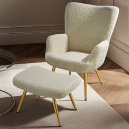 tectake Hygge Boucle Fabric Cream and Gold Ergonomic Backrest Armchair with Footstool