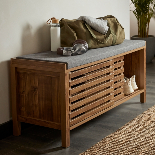 Entryway Shoe Storage Bench With Cushion Erik Slatted Hallway
