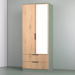 Crowndale Java Slatt Effect and Reed Green 2 Door 2 Drawer Mirror Wardrobe
