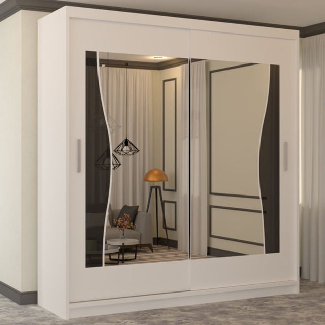 M N Furniture Banton 2 Door White Curved Mirrored Sliding Wardrobe 203cm - image 1