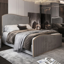 Brixton Grey Small Double Velvet Upholstered Metal Bed Frame with Wave Headboard - thumbnail 1