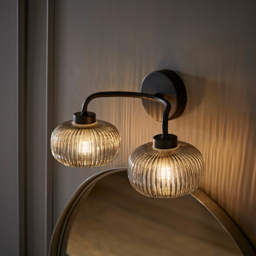 ValueLights Amaia Matt Black 2 Way Smoked Ribbed Glass LED Wall Light - thumbnail 2