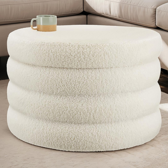 tectake Altu XL Upholstered Cream White Boucle Cylindrical Ottoman Footstool - image 1