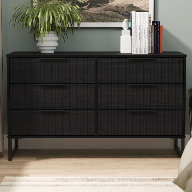 Crowndale Fluted 6 Drawer Black Ash Wide Chest of Drawers Ready Assembled - image 1