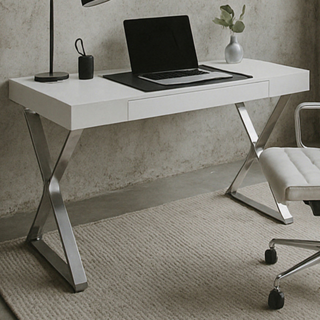 Centurion Supports Adonis Single Drawer Gloss White Chrome Ergonomic Computer Desk with Leather Pad - image 1