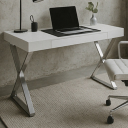 Centurion Supports Adonis Single Drawer Gloss White Chrome Ergonomic Computer Desk with Leather Pad