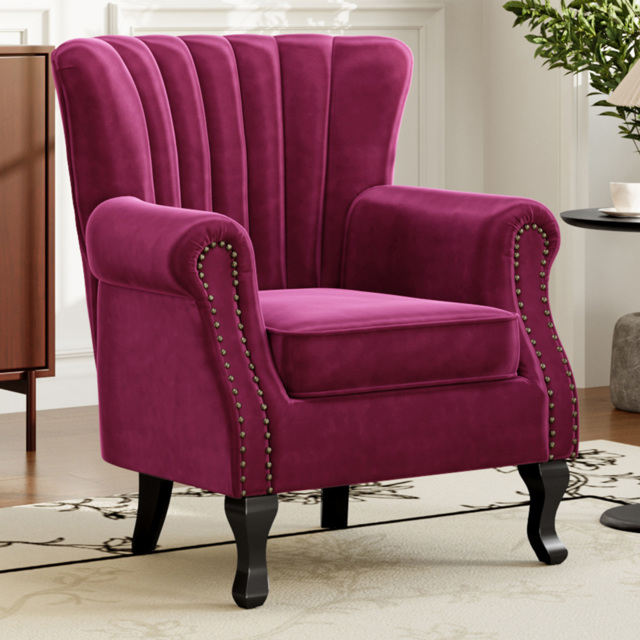 Living and Home Wine Red Velvet Wingback Armchair with Studs - image 1