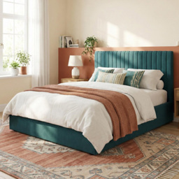 FWStyle Sollom Teal Double Upholstered Lift-Up Ottoman Bed Frame with Ribbed Headboard - thumbnail 1