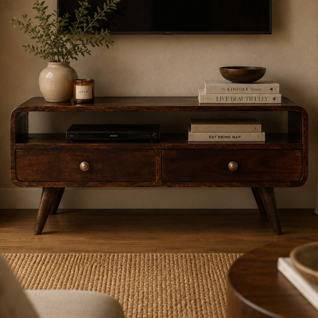 Artisan Furniture California Walnut 2 Drawer Single Shelf Solid Wood Curved Media Unit - image 1