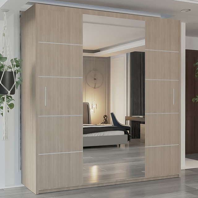 M N Furniture Osaka 2 Door Oak Mirrored Panel Sliding Wardrobe 203cm - image 1