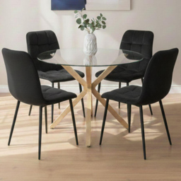 Portland Black Velvet Tufted Glass Tabletop Round 4 Seater Dining Set - thumbnail 1
