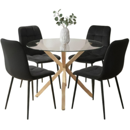 Portland Black Velvet Tufted Glass Tabletop Round 4 Seater Dining Set - thumbnail 2