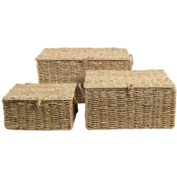 Set of 3 Seagrass Woven Storage Trunks Natural - thumbnail 1
