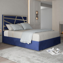 Arabella Blue Double Velvet Upholstered Metal Bed Frame with Panelled Headboard