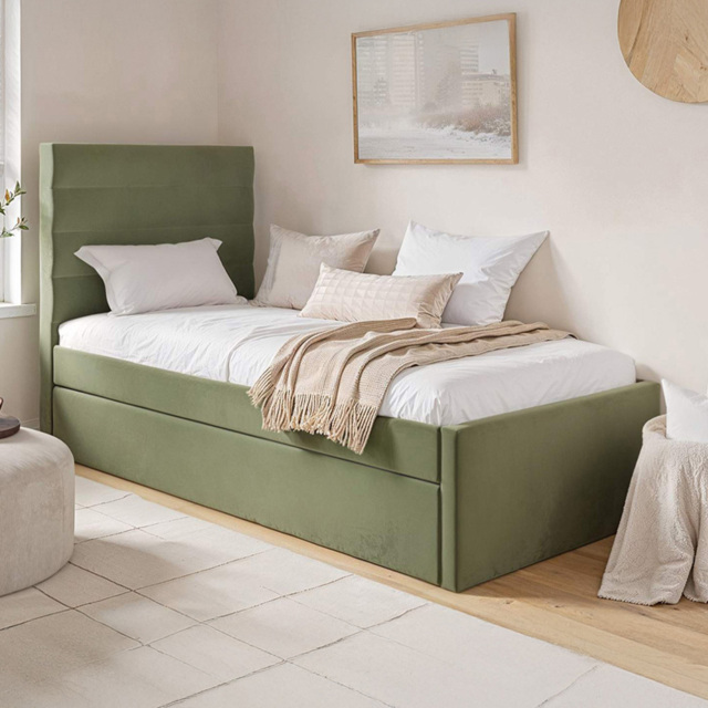 Flair Ari Olive Green Velvet Single Bed with Trundle - image 1