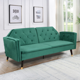 Comfy Living 3 Seater Plush Velvet Green Tufted Sofa Bed with Black and Gold Legs