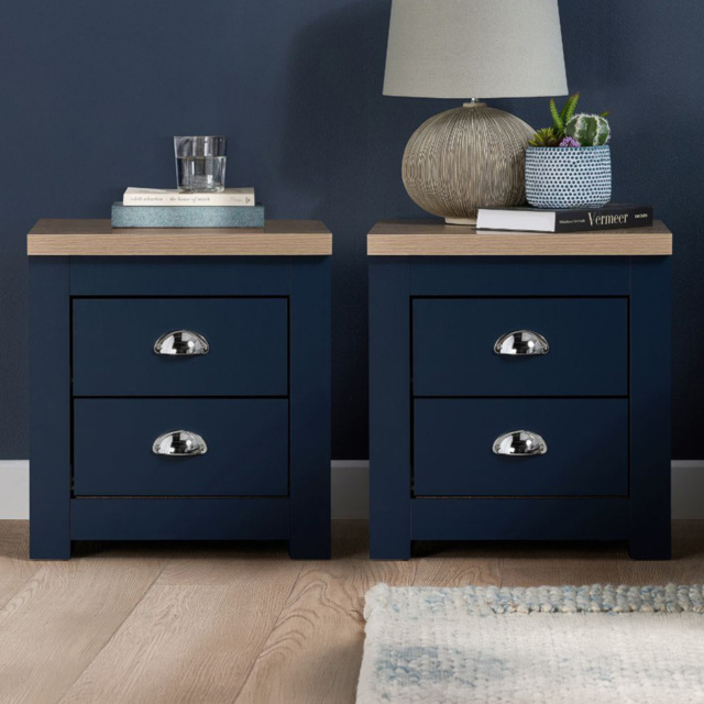 Birlea Highgate 2 Drawer Navy Blue and Oak Effect Bedside Table Set of 2 - image 1