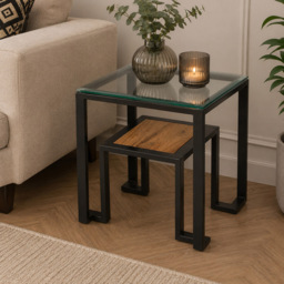 Premier Housewares Cibo Single Shelf Square Clear Glass Top Side Table with Black Metal Frame - thumbnail 4