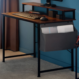 tectake Dark Rustic Single Shelf Wooden Desk with Fabric Bag - thumbnail 1