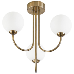Happy Homewares Antique Brass 3 Arm Ceiling Light with Opal White Globe Glass Shades