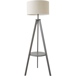 ValueLights Morrigan Wood Shelf White Trim Shade Grey Tripod Floor Lamp with Bulb