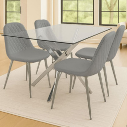 Kosy Koala 4 Seater Glass and Leather Rectangle Dining Table Set Chrome and Grey