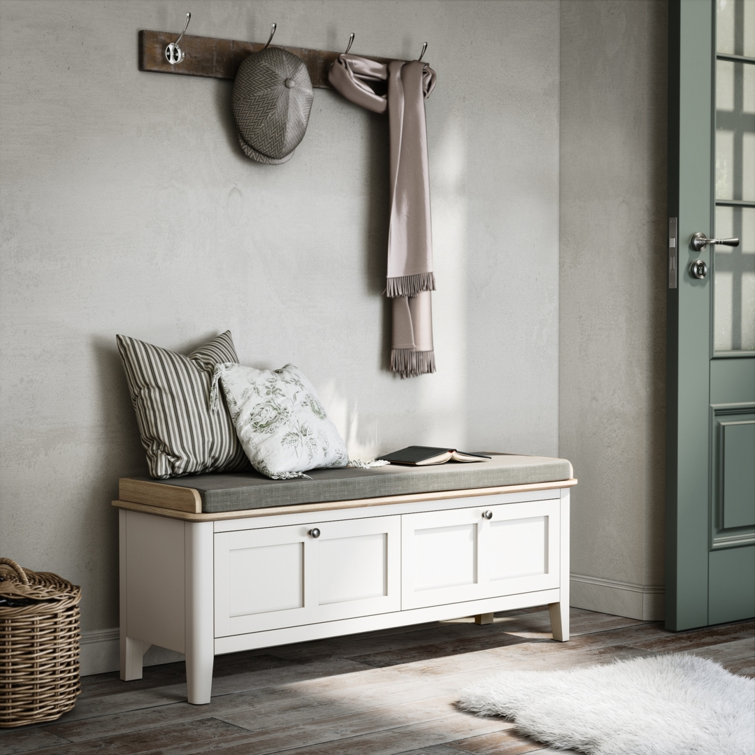 39.4" Entryway Storage Bench With Sliding Doors & Cushion - Shoe Bench With Hooks, Cream White - View #8