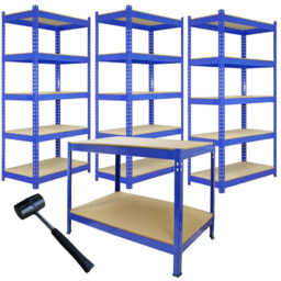 MonsterShop Q-Rax 5 Shelf Blue Metal Racking Unit 3 Pack with Workbench and Mallet