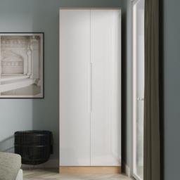 Crowndale Milan White Gloss and Bardolino Oak Tall Double Wardrobe Ready Assembled - thumbnail 1