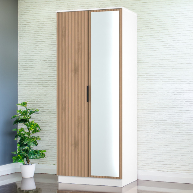 Crowndale Java Slatt Effect and White 2 Door Mirror Wardrobe - image 1