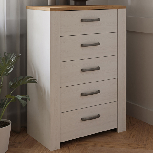 Florence Bohol 5 Drawer Riviera Oak and White Narrow Chest of Drawers - image 1