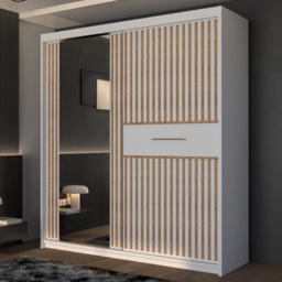 M N Furniture Laiyal 2 Door White Mirrored Sliding Wardrobe with Oak Strip 150cm