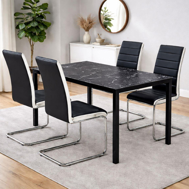 Portland Black and Chrome Faux Leather Marble Effect Tabletop 4 Seater Dining Set - image 1