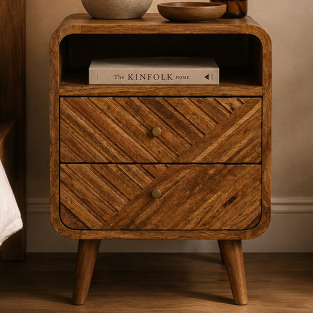 Artisan Furniture Mini Lille Brown 2 Drawer Single Shelf Solid Wood Curved Bedside Table - image 1