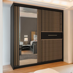 Sliding Wardrobes 4U Lyllie Black and Oak Striped 2 Door Mirror Wardrobe