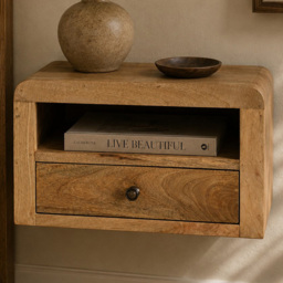 Artisan Furniture Chunky Oak-ish Brown Single Drawer Single Shelf Solid Wood Floating Bedside - thumbnail 1