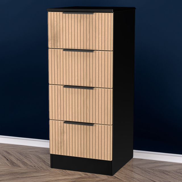 Crowndale Java Slatt Effect and Black 4 Drawer Bedside Cabinet - image 1