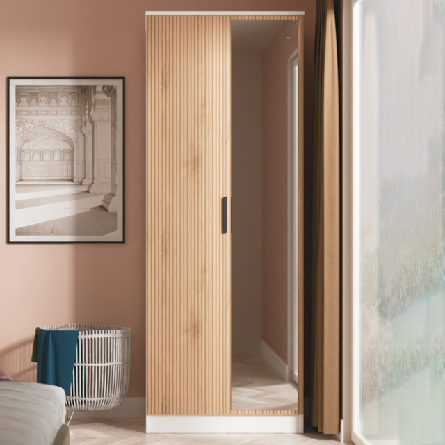 Crowndale Java Slatt Effect and White 2 Door Tall Mirrored Wardrobe Ready Assembled - image 1