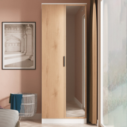 Crowndale Java Slatt Effect and White 2 Door Tall Mirrored Wardrobe Ready Assembled - thumbnail 1