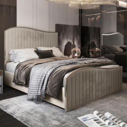 Brixton Silver Small Double Velvet Upholstered Metal Bed Frame with Wave Headboard - thumbnail 1