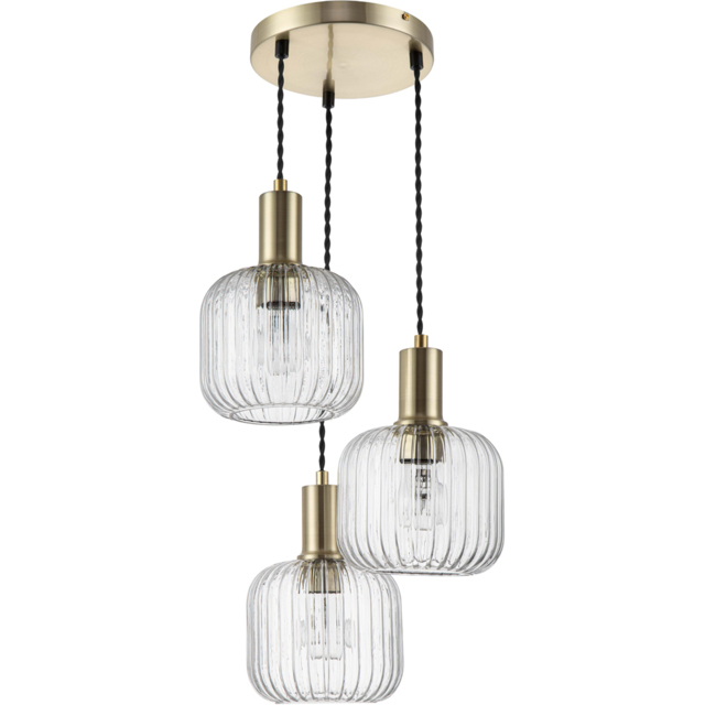 Cosylyte Maple 3 Light Brushed Brass Ribbed Glass Cluster Pendant Light - image 1