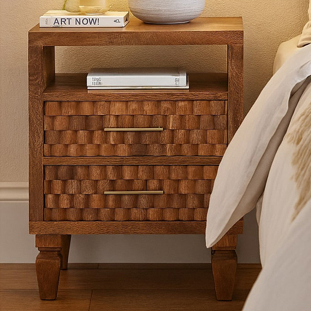 Artisan Furniture Cadiz Carved Golden Teak 2 Drawer Single Shelf Solid Wood Bedside Table - image 1