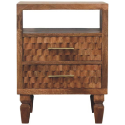 Artisan Furniture Cadiz Carved Golden Teak 2 Drawer Single Shelf Solid Wood Bedside Table - thumbnail 2
