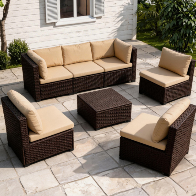 Furniture One Brown 6 Seater Rattan Modular Garden Furniture Set - image 1